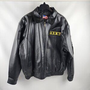 Leather Bomber Jacket Mens 2XL US Army Insignia Patch Black